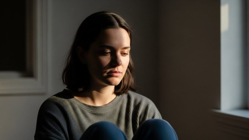 Person sitting quietly and looking thoughtful in soft light.