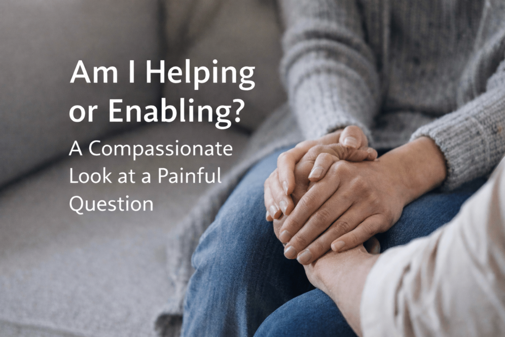 Two people sitting together with hands gently clasped in a supportive gesture, with text reading “Am I Helping or Enabling? A Compassionate Look at a Painful Question.”