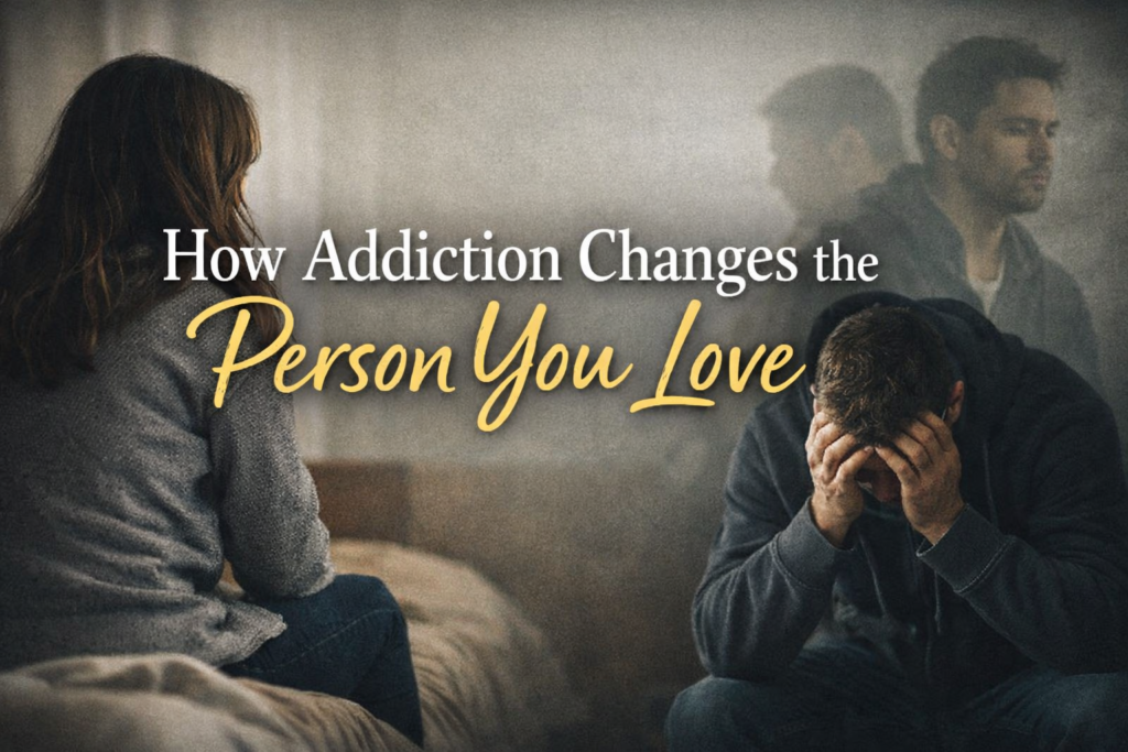 Woman sitting on a bed turned away from a distressed man holding his head in his hands, with a faint shadowed version of him behind, and the words ‘How Addiction Changes the Person You Love’ overlaid on the image.