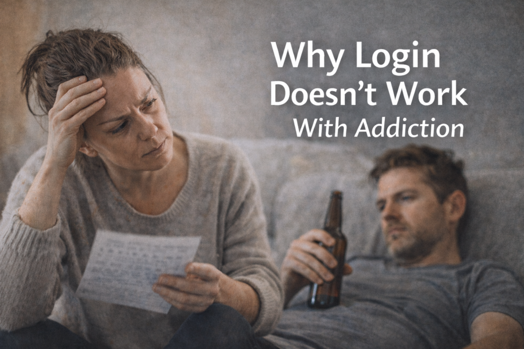 A woman sits on a couch holding a piece of paper, her hand on her forehead, looking tired and worried, while a man beside her leans back holding a beer, looking disconnected.