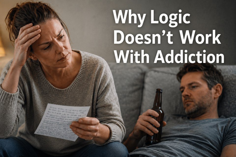 Woman sitting on the couch with her alcoholic partner wondering why logic doesn't work with addiction