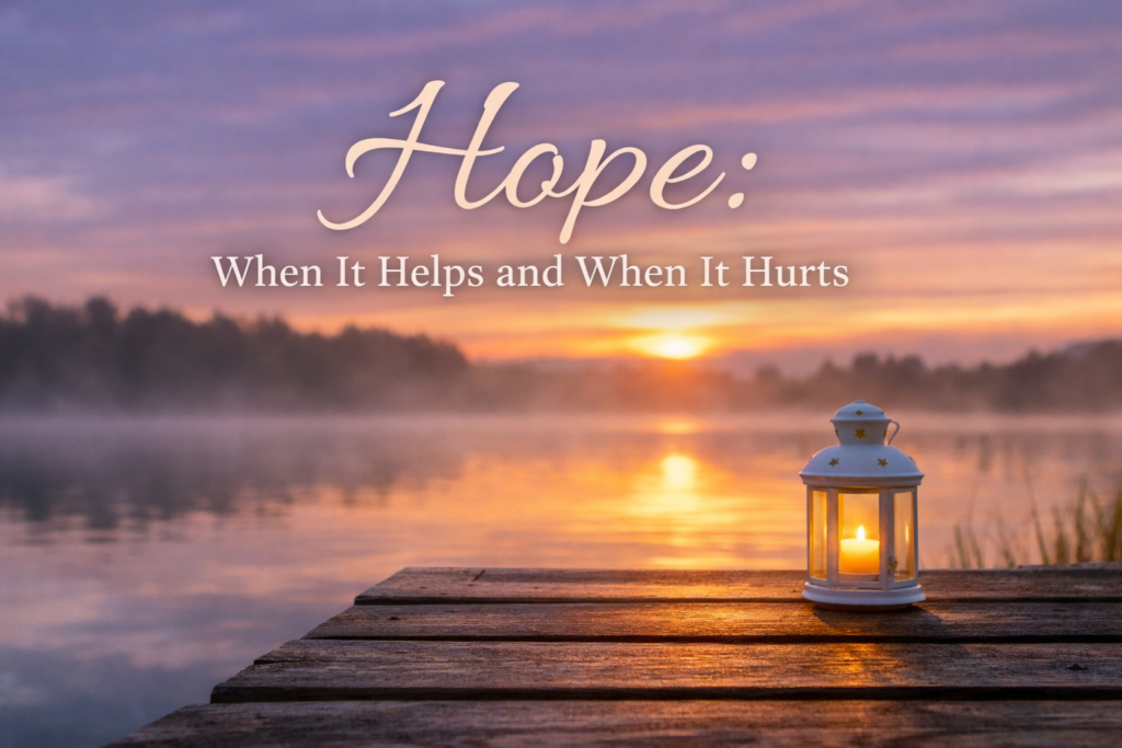 Lantern on a wooden pier at sunset with the title “Hope: When It Helps and When It Hurts,” representing calm, reflection, and emotional clarity.
