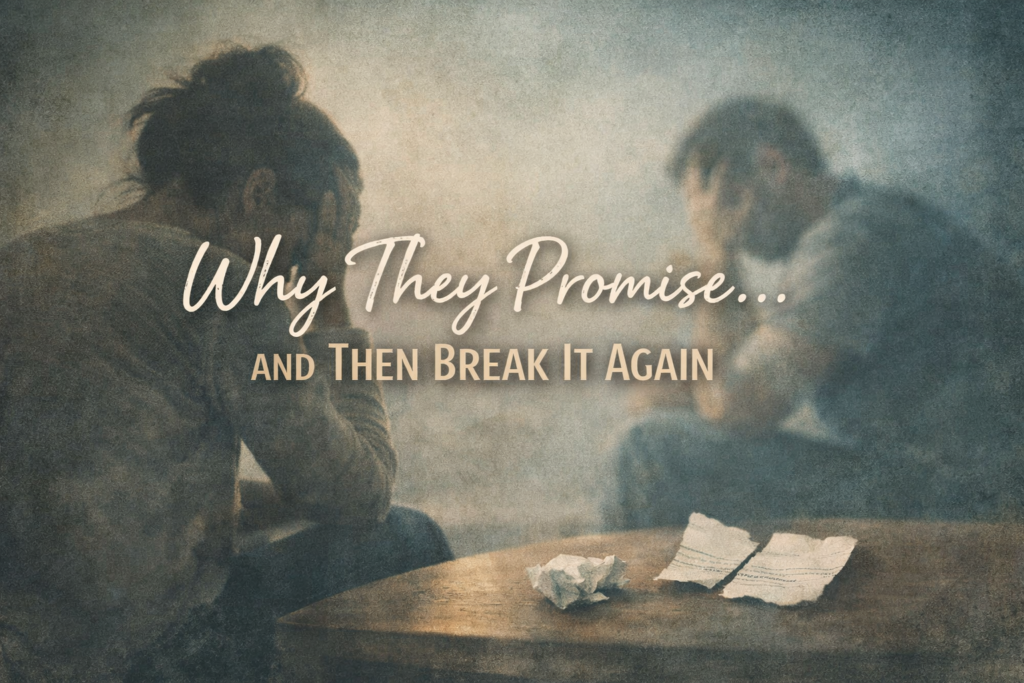 Woman sitting at a table after a difficult conversation, with the title “Why They Promise… and Then Break It Again.”