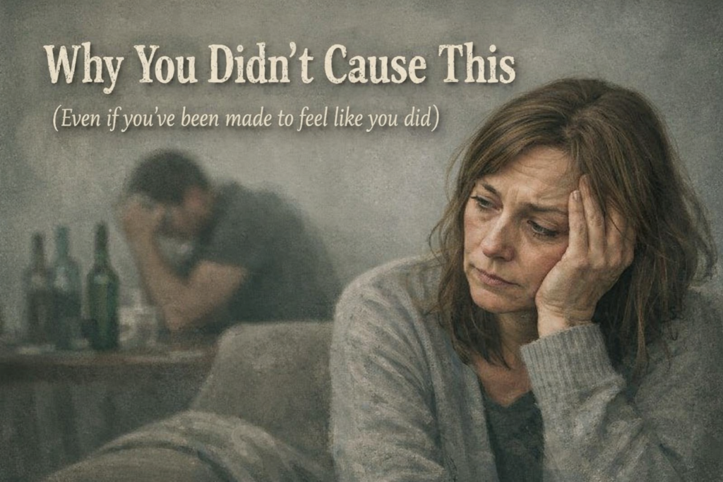 Featured image for the blog post “Why You Didn’t Cause This (Even if you’ve been made to feel like you did),” showing a woman sitting with her head in her hand while a blurred partner drinks in the background, in muted, subdued tones.
