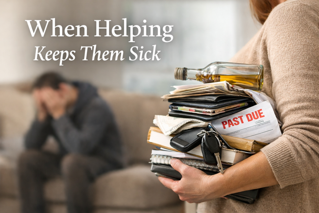Woman holding a stack of unpaid bills, keys and a bottle while a distressed man sits in the background, illustrating how helping someone with addiction can carry the consequences for them.