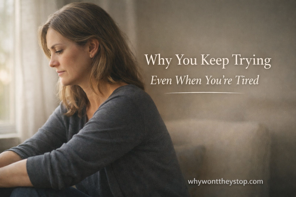 A thoughtful woman sitting quietly in soft natural light, reflecting emotional exhaustion in a relationship affected by addiction.