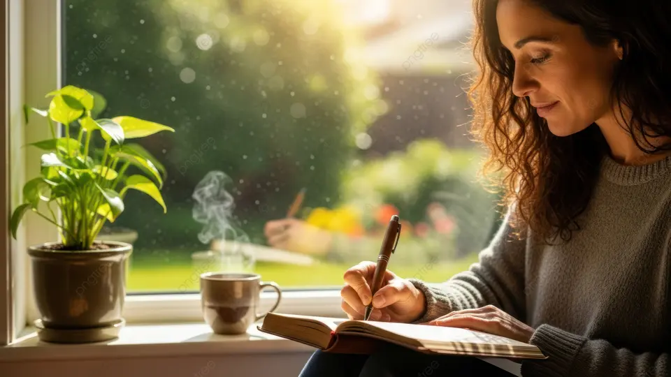 Woman journaling in a calm setting, reflecting on her thoughts and emotions.