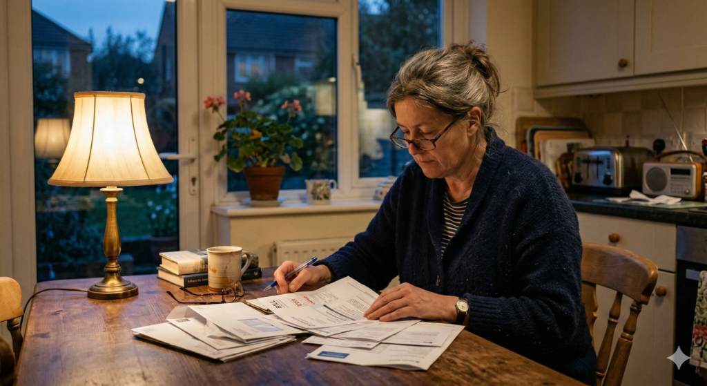 Woman sitting alone at a kitchen table in the evening paying bills by lamp light, reflecting the emotional weight of rescue in relationships affected by addiction.