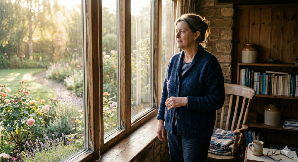 Woman standing by a window in soft morning light, reflecting on boundaries and clarity in a relationship affected by addiction.