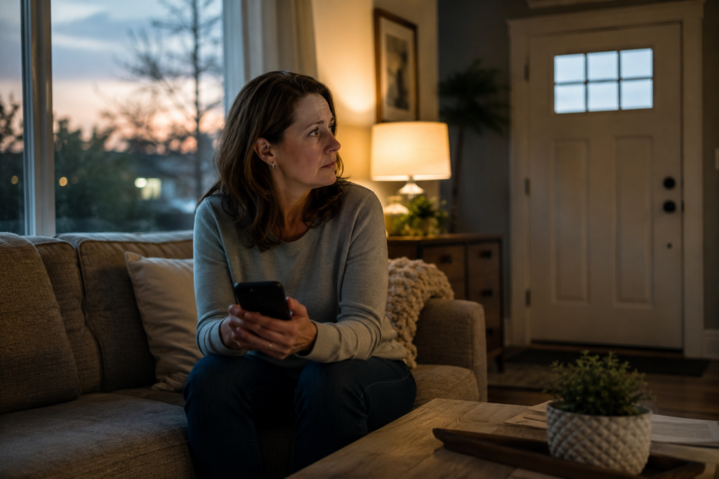 Woman sitting on a couch at dusk holding her phone and looking toward the door, illustrating hypervigilance when loving someone with addiction.