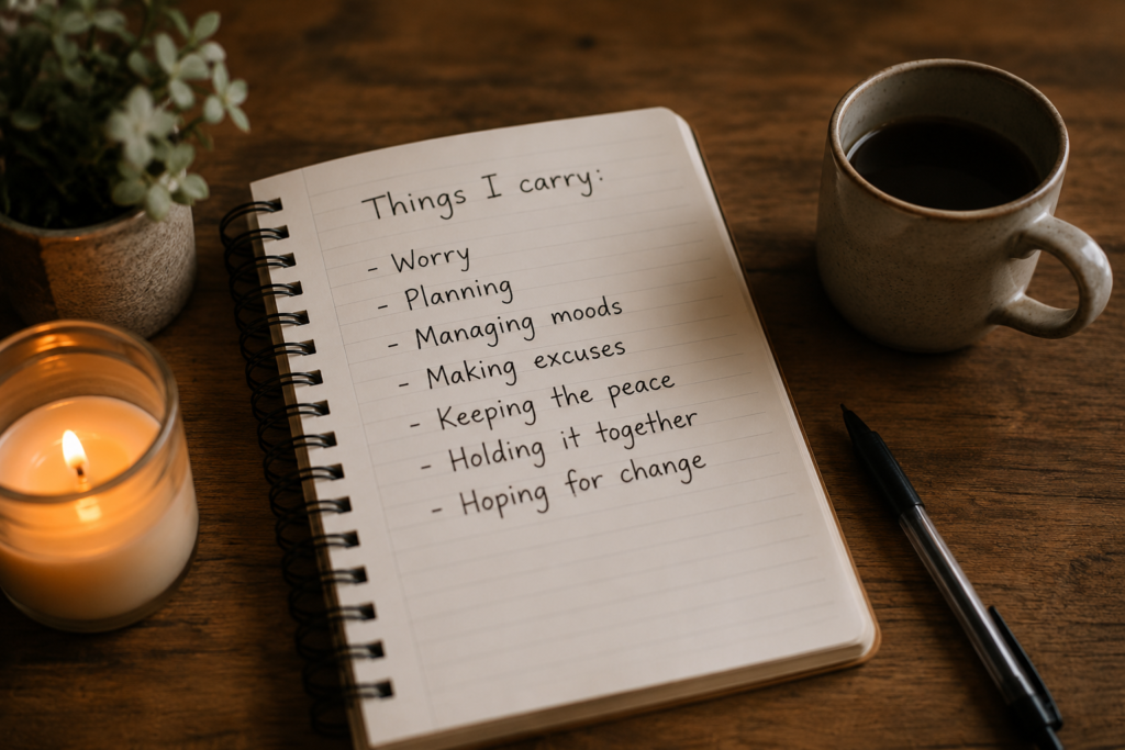 Notebook listing emotional burdens such as worry, planning, managing moods and keeping the peace