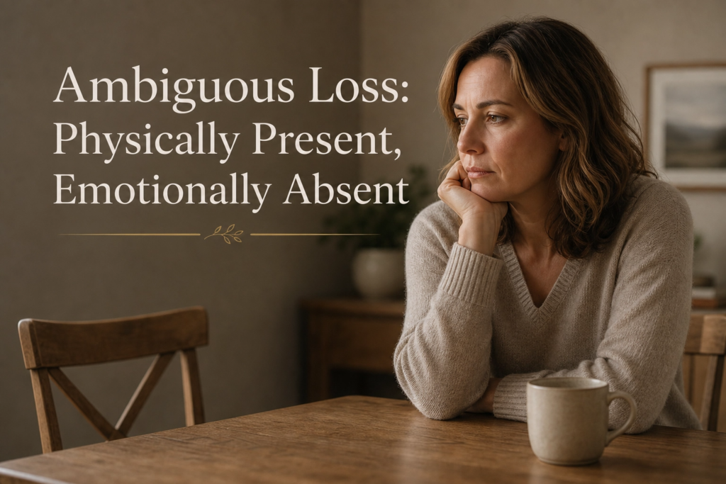 A somber woman sitting at a table looking at an empty chair, illustrating ambiguous loss where a loved one with addiction is physically present but emotionally absent. Includes text: "Ambiguous Loss: Physically Present, Emotionally Absent."