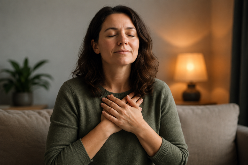 Woman taking a quiet breath with her hands over her heart, representing self-care and emotional recovery