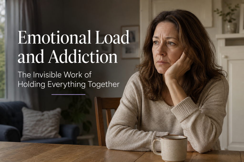 Woman sitting at a table looking worried, representing the emotional load of loving someone with addiction