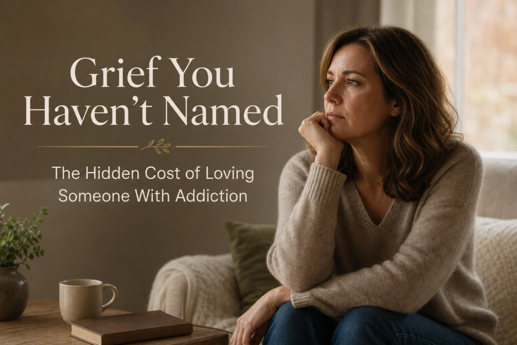 A thoughtful woman sitting in a softly lit, comfortable room, illustrating the hidden cost of loving someone with addiction. The image includes the text: "Grief You Haven't Named: The Hidden Cost of Loving Someone With Addiction."