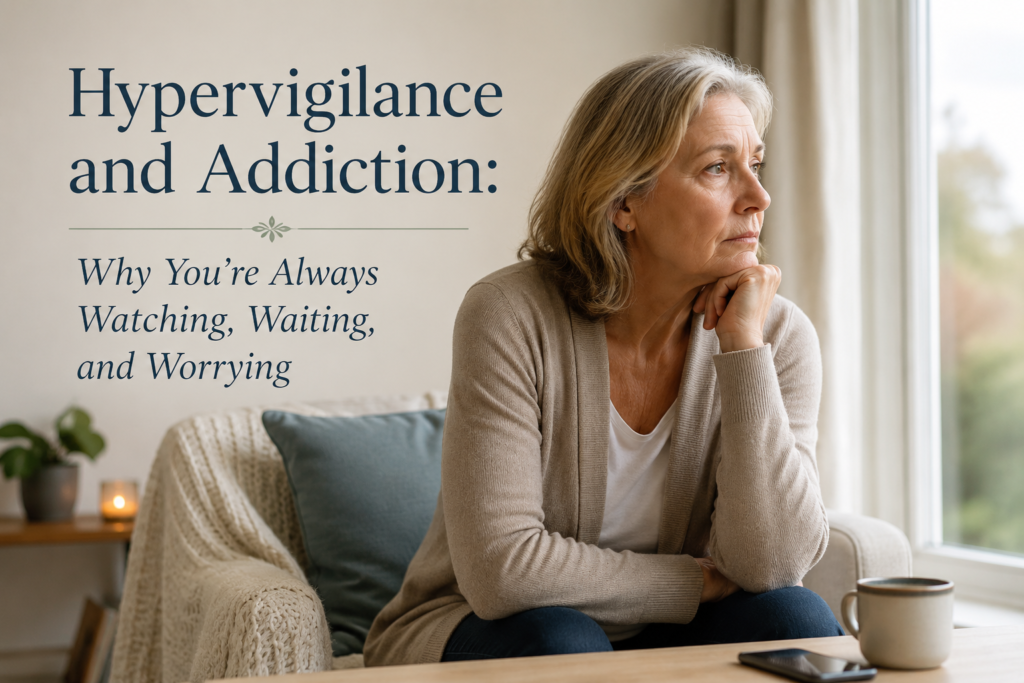 Woman sitting by a window looking worried and thoughtful, illustrating hypervigilance and emotional exhaustion when loving someone with addiction.