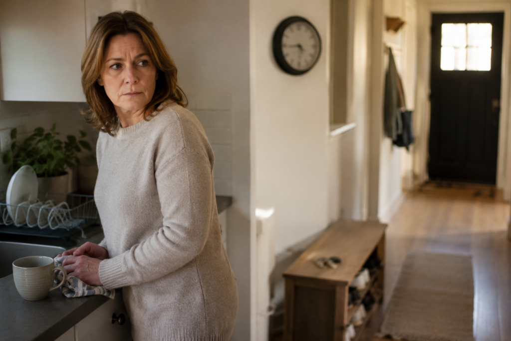 Woman pausing in a kitchen and looking worried toward the hallway, showing how addiction-related stress can interrupt everyday life.