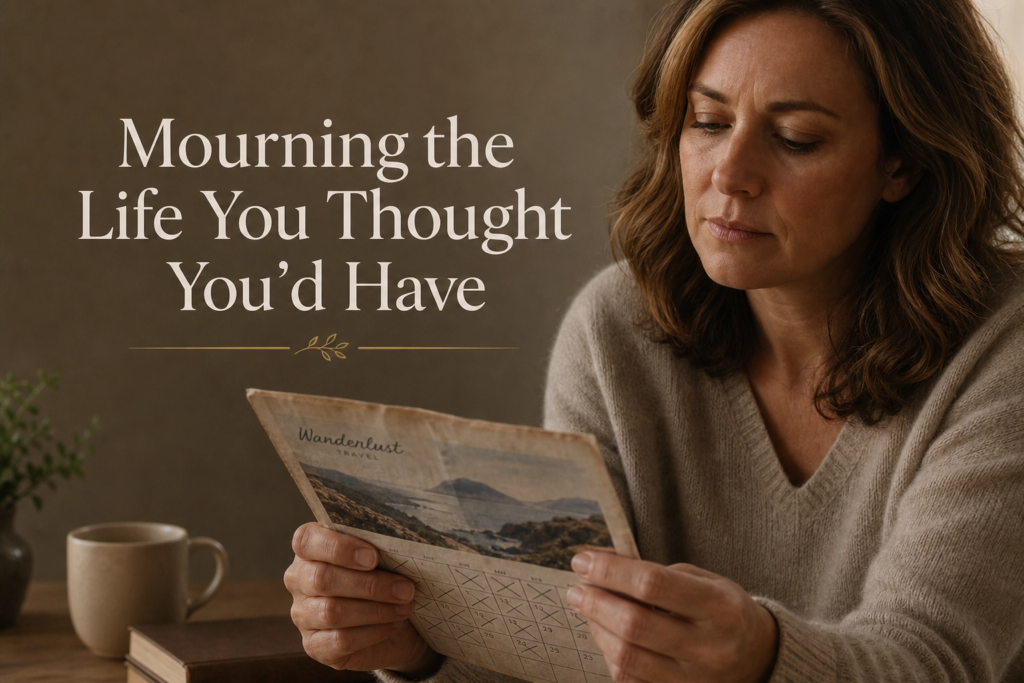Close-up of a woman's hands holding a worn calendar with marked-out dates, representing the grief of mourning a planned life changed by addiction. Includes text: "Mourning the Life You Thought You’d Have."