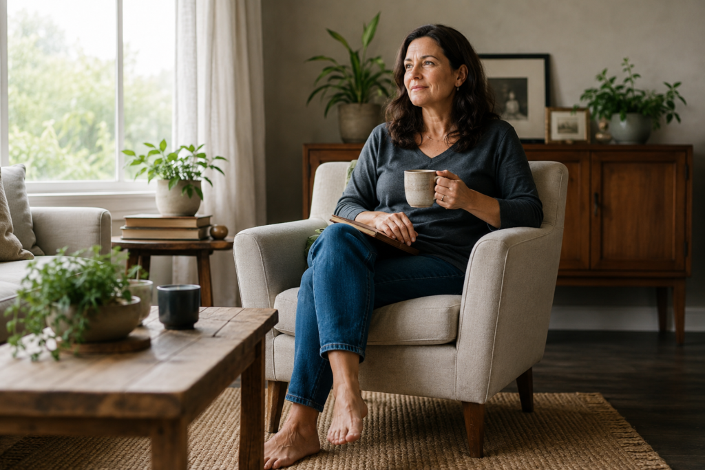 Woman sitting calmly with a mug and journal in a quiet living room, representing grounding and self-regulation after hypervigilance.