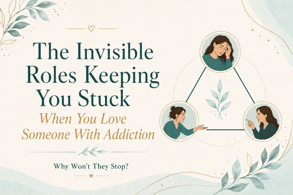 Featured image for a blog post titled “The Invisible Roles Keeping You Stuck When You Love Someone With Addiction”, showing a soft botanical design and a triangle with three illustrated roles representing the drama triangle.