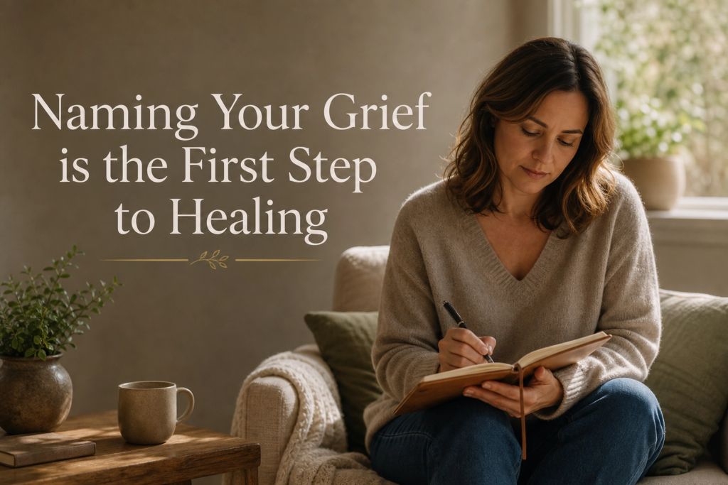 A woman writing thoughtfully in a journal in a peaceful, sunlit room, representing the healing step of naming unnamed grief. Includes text: "Naming Your Grief is the First Step to Healing."