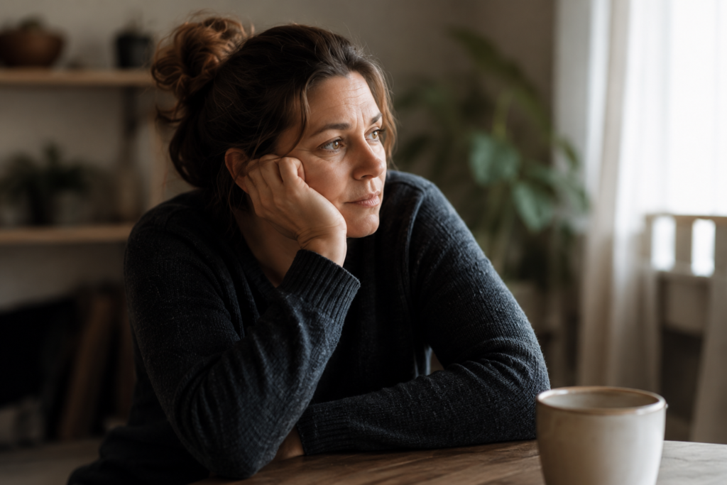 Tired woman looking out the window representing the invisible emotional load of loving someone with an addiction.