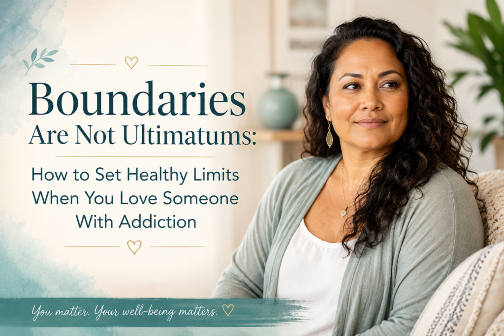 Woman looking calm and reflective beside text about why boundaries are not ultimatums when you love someone with addiction