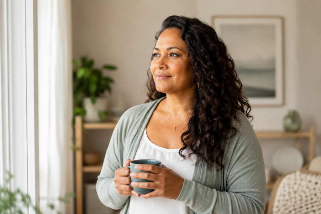 Finding Peace After Holding a Boundary Woman standing by a window holding a mug and looking peaceful after setting a healthy boundary