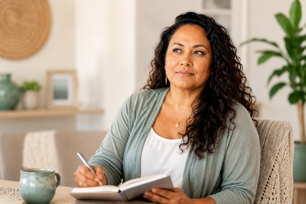 Forming Healthy Boundaries in Relationships Affected by Addiction Woman journaling thoughtfully as she reflects on setting healthy boundaries with someone affected by addiction