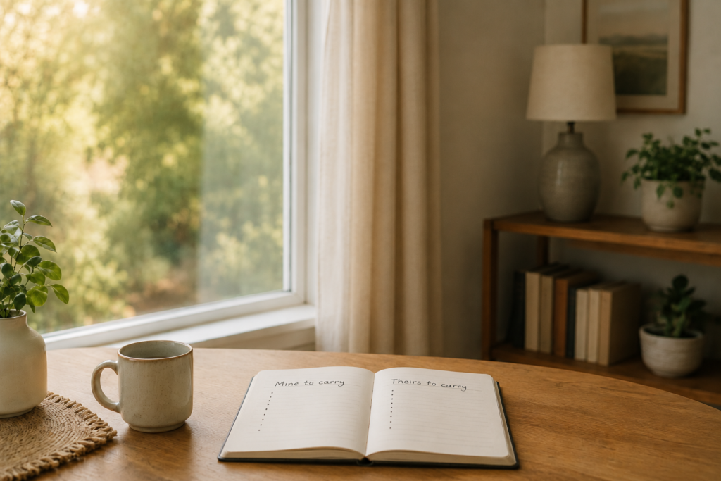 Open notebook on a wooden table by a window with two lists titled “Mine to carry” and “Theirs to carry,” beside a mug and plant.