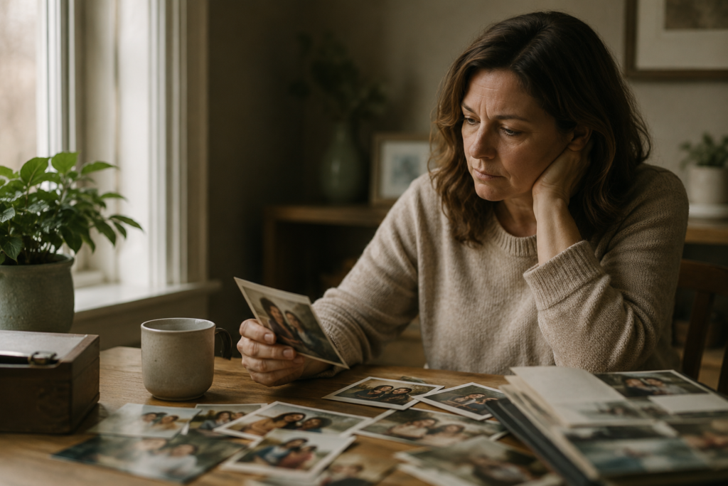 Woman looking through old photos while grieving how addiction has changed someone she loves and how she misses the person they used to be