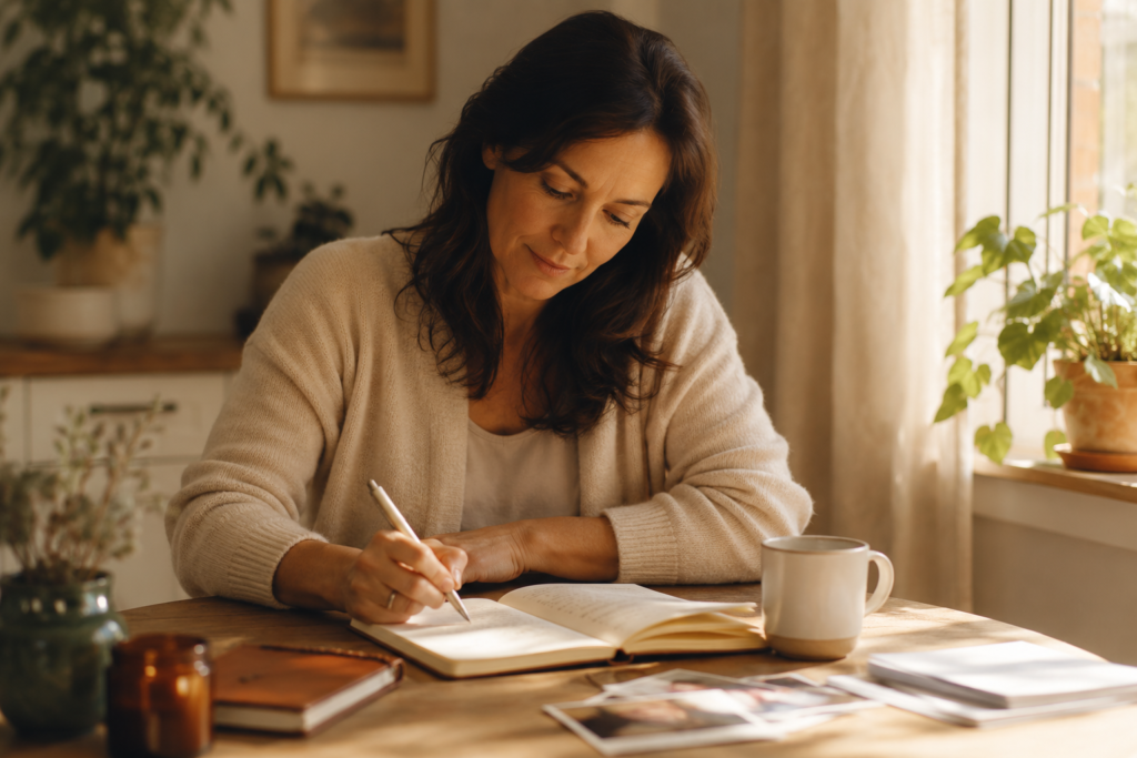 Woman journalling in warm light as she reflects on missing the person she loves who is changed by addiction