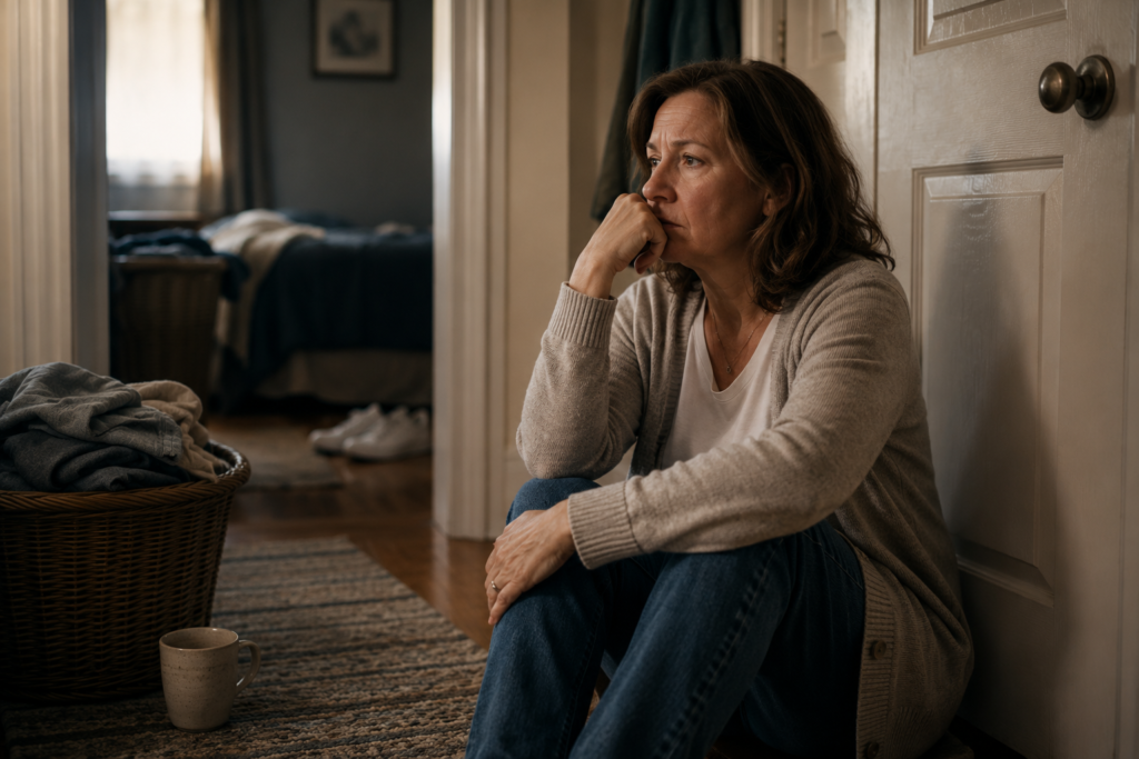 Woman sitting near a closed bedroom door, reflecting on the pain of loving an adult child with addiction at home