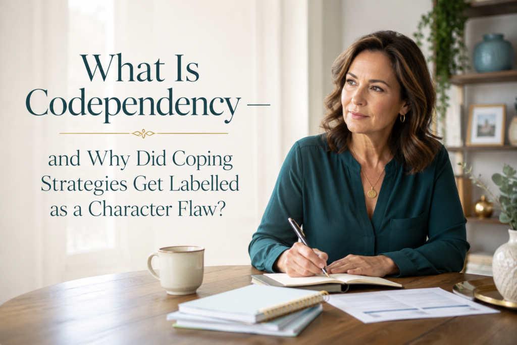 Middle-aged woman writing in a notebook beside the title “What Is Codependency — and Why Did Coping Strategies Get Labelled as a Character Flaw?”