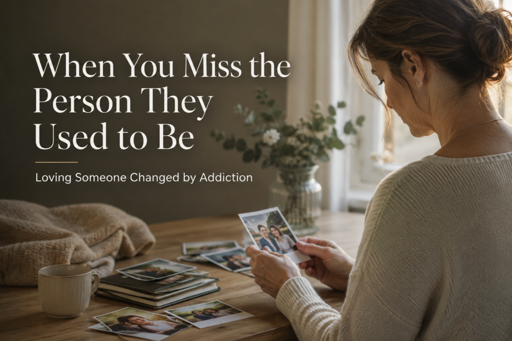 Woman looking at old photos while grieving how addiction has changed someone she loves