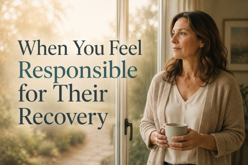 Woman standing by a window holding a mug, with the title “When You Feel Responsible for Their Recovery” overlaid on the image.