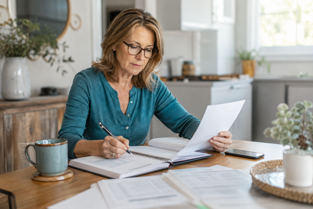 Woman doing paperwork at the kitchen table Middle-aged woman reviewing household paperwork and writing in a planner at a kitchen table.