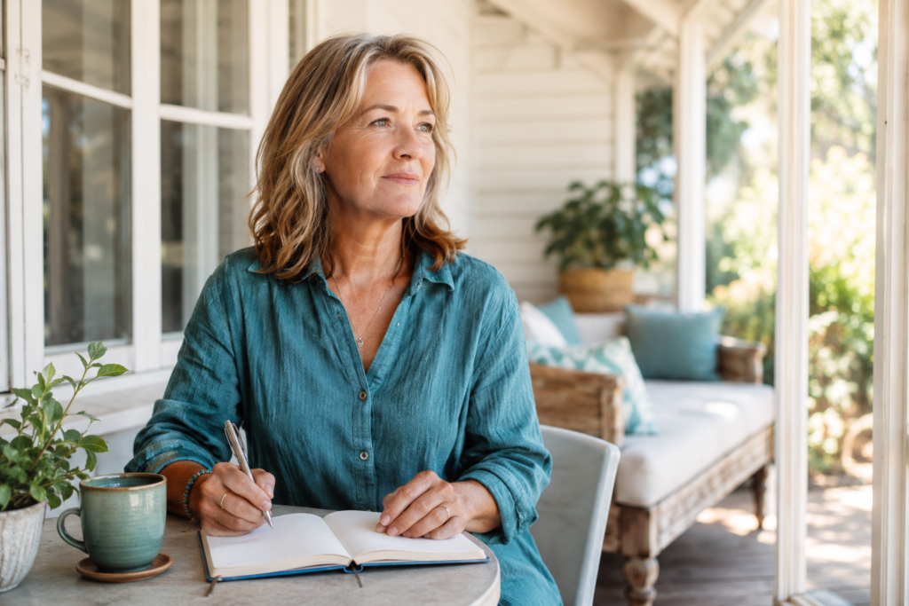 Woman journalling on the porch Middle-aged woman journalling beside a cup of tea in a bright, peaceful veranda setting.