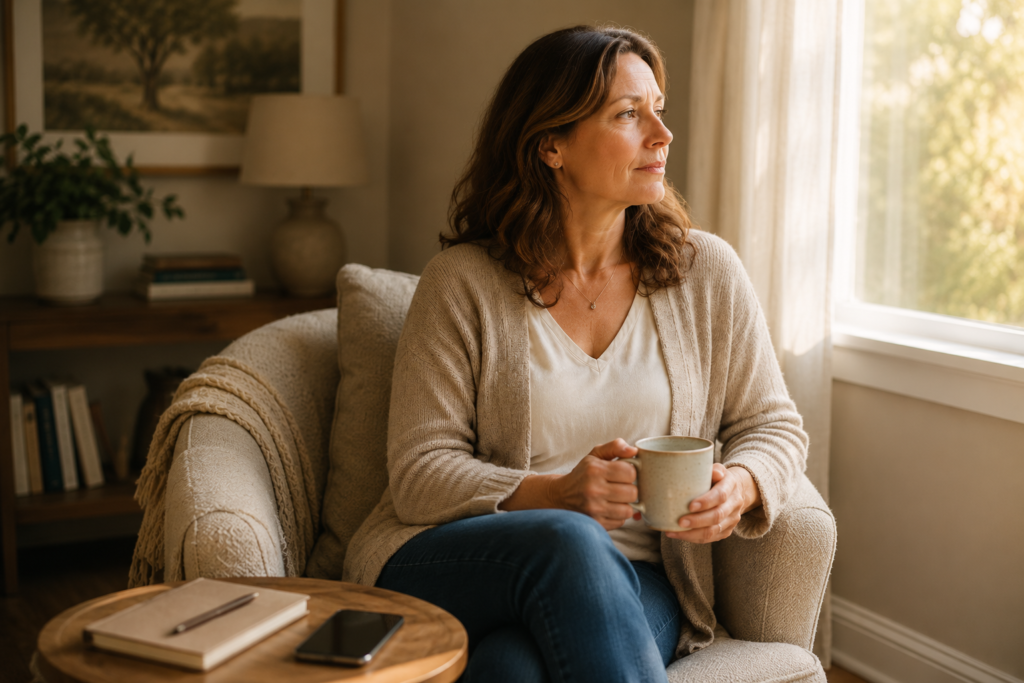 Woman sitting in a cosy chair by a window holding a mug and looking outside thoughtfully.