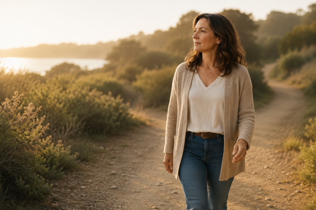 Woman walking along a sunlit path near the water, looking calm and thoughtful in a natural outdoor setting.
