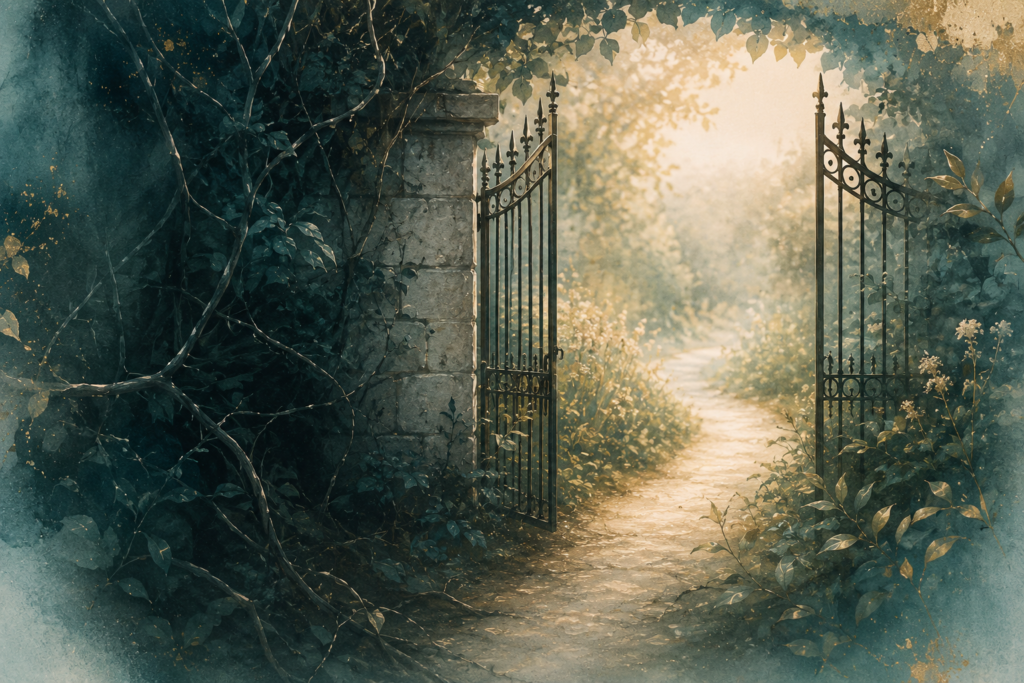 A Way Forward Open wrought-iron gate leading to a sunlit path, symbolising boundaries, choice, healing and finding your own way after loving someone with addiction
