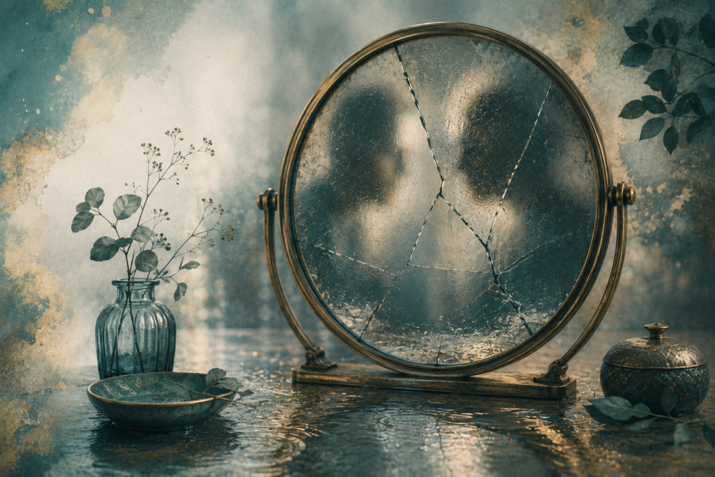 Distorted Reflection- When Addiction Looks Like Narcissism Cracked mirror reflecting blurred figures, symbolising confusion, distorted behaviour, addiction and narcissism in a painful relationship
