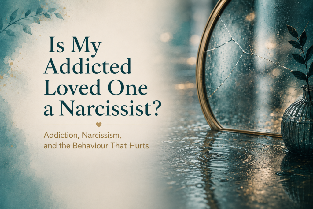 Cracked mirror and water ripples illustrating addiction, narcissism and the emotional harm caused by an addicted loved one.