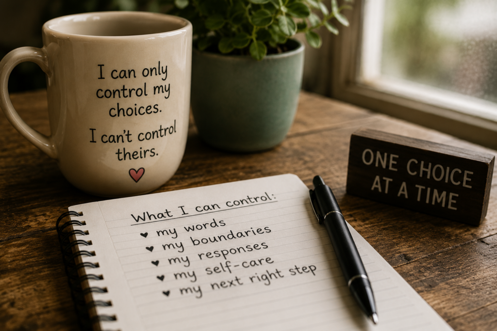 Mindful moments and motivating choices Notebook listing personal choices and boundaries beside a mug reading, “I can only control my choices. I can’t control theirs.”
