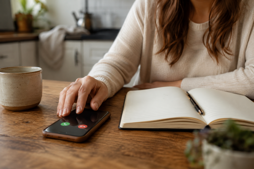 Pausing Before Responding to Addiction Crisis Call Woman’s hand resting on a ringing phone beside an open notebook on a kitchen table, symbolising a pause before responding to a loved one’s addiction-related crisis.