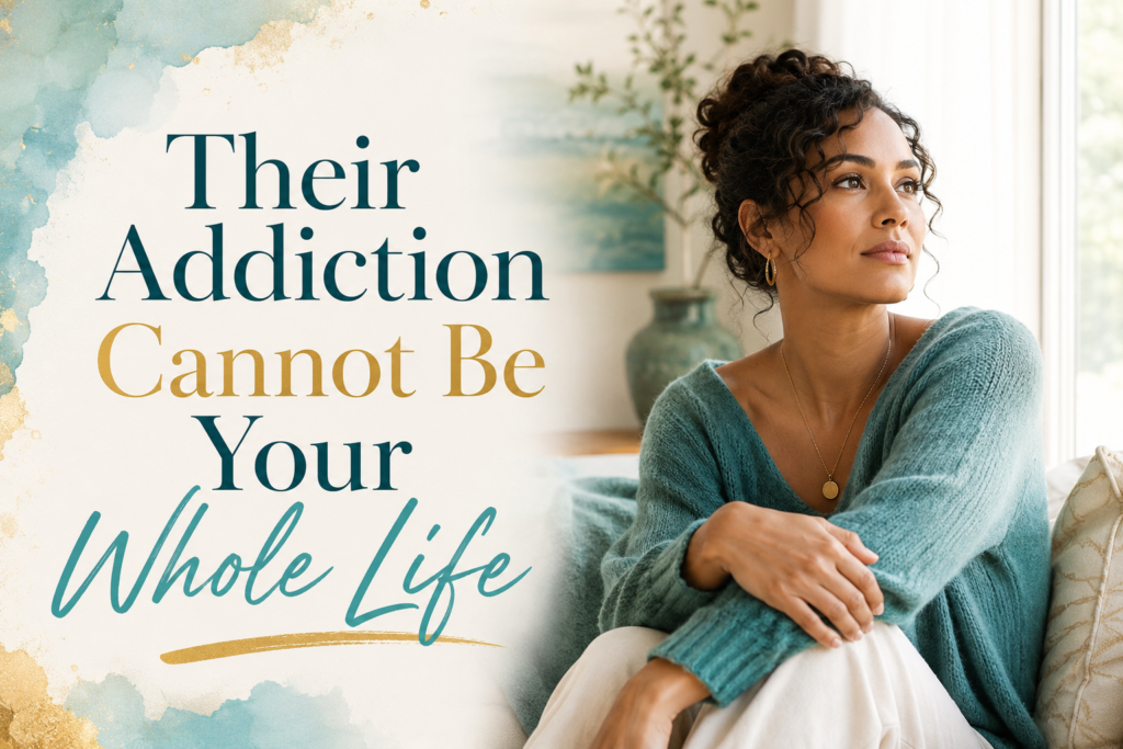 Thoughtful woman beside the title Their Addiction Cannot Be Your Whole Life for loved one with addiction support