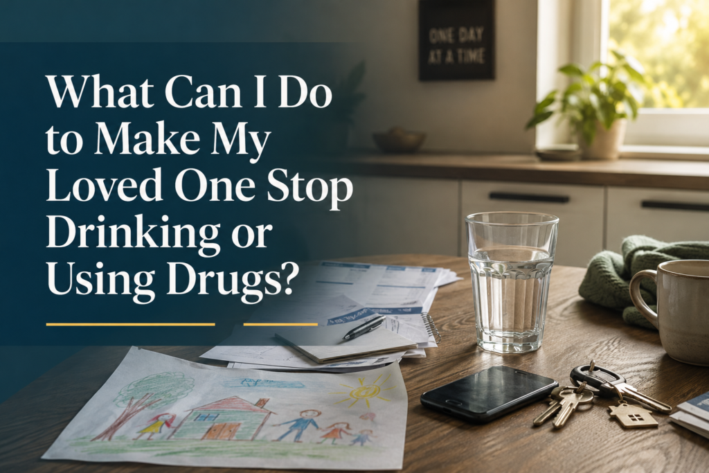 Kitchen table with bills, keys, a child’s drawing and the title “What Can I Do to Make My Loved One Stop Drinking or Using Drugs?”