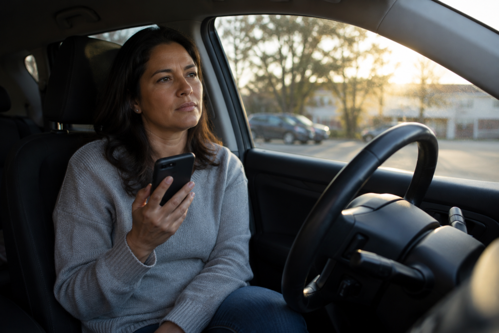 Woman Considering How to Respond to Addiction-Related Phone Call Woman sitting in a parked car holding her phone and thinking, representing a thoughtful response to a difficult addiction-related conversation.