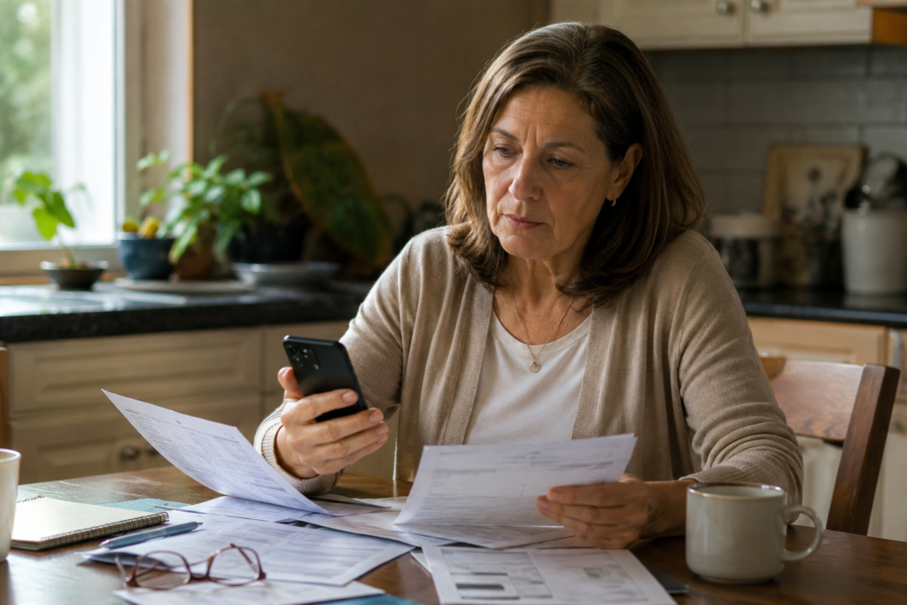 Woman Managing Stress and Decisions Around a Loved One’s Addiction Woman sitting at a kitchen table reviewing papers and looking at her phone, reflecting the stress and decision-making involved in responding to a loved one’s addiction.
