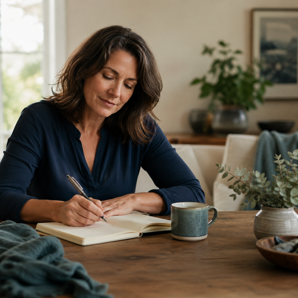 Woman using a journal and self-coaching tools as part of addiction family support